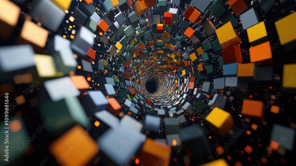 Poster a 3d spiral of multicolored cubes, twisting and converging in the center against a black background,