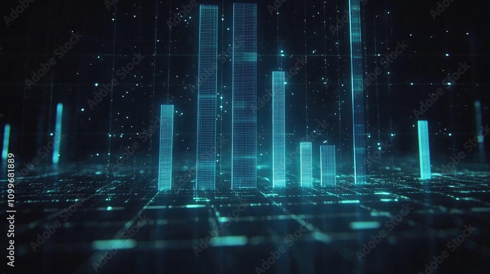 Poster a bar graph with vibrant blue bars against a dark grid background, each bar casting a faint glow to 