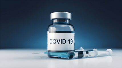 A vial labeled "COVID-19" next to syringes on a reflective surface. AI generated.