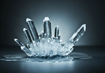 Glistening clear quartz crystals emanating light on dark surface