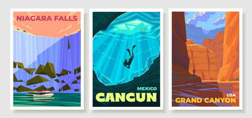Niagara Falls. Niagara River, Canada, USA. Cenotes, Cancun, Mexico. Colorado River in Grand Canyon National Park.
