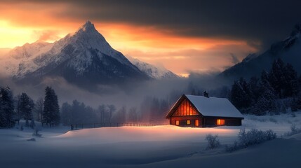 Fototapeta premium Cozy Cabin in Snowy Mountains at Sunset Winter Wonderland