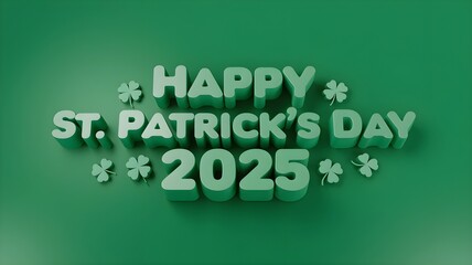A festive green background featuring bold, 3D text celebrating St. Patrick's Day 2025, adorned with shamrocks. AI generated.