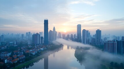 Fototapeta premium Urban sunrise over skyscrapers city river aerial view modern landscape serene atmosphere