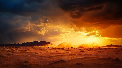 Obraz premium Dramatic Desert Sunset Sandstorm Fiery Sky Arid Landscape
