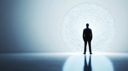 Obraz premium A professional standing in a ring of language symbols, glowing against a clean white backdrop