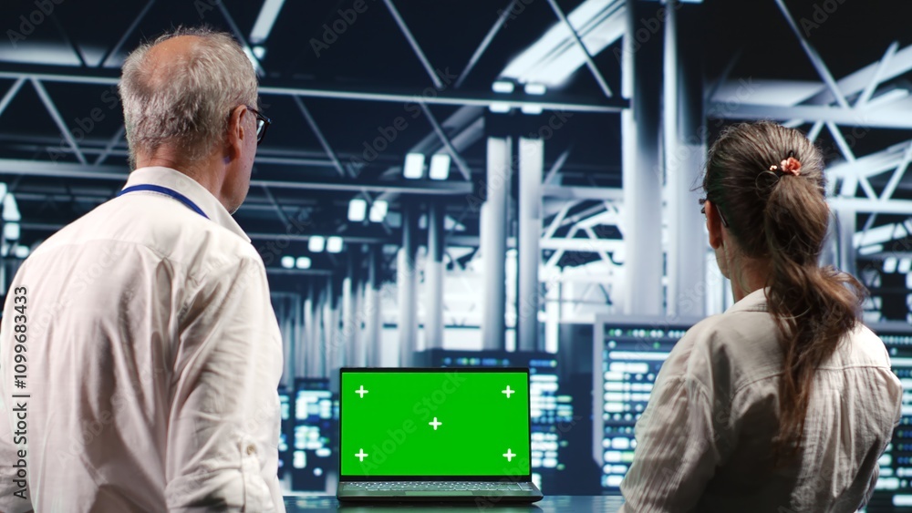 Poster licensed it admins looking around high tech data center, using chroma key laptop to crosscheck disas