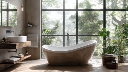 Fototapeta premium Modern bathroom design featuring a freestanding tub and large windows with greenery