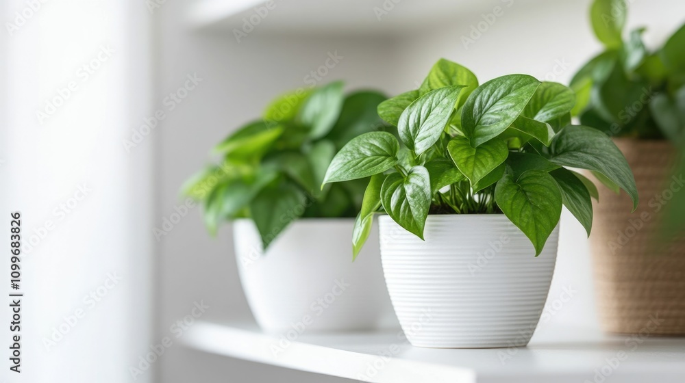 Poster pothos plant with its lush trailing vines cascading from a shelf creating a vibrant natural accent t