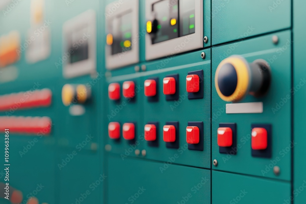 Poster a close-up of a control panel featuring numerous buttons and gauges, emphasizing industrial design a