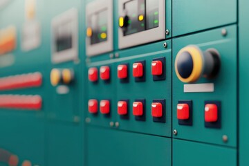 A close-up of a control panel featuring numerous buttons and gauges, emphasizing industrial design and functionality.