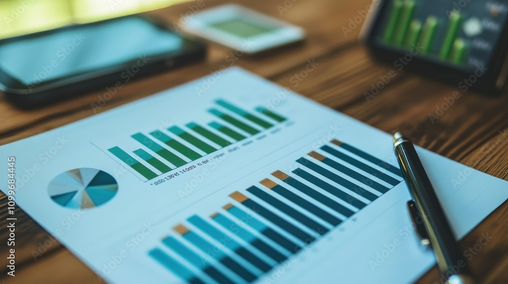 Poster a business-oriented bar graph in dark green tones with reflective bars on a white background, captur