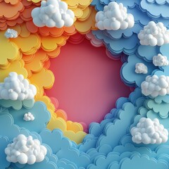 Colorful paper cut clouds and abstract sky background with vibrant orange, yellow, blue, and pink tones for creative design, digital art, or print projects