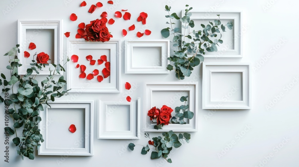 Poster creating a clean aesthetic in home decor empty white frames with rose petals and eucalyptus in a min