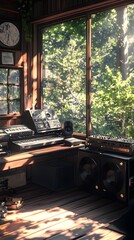 Cozy recording studio with lush greenery in sunlight, featuring audio equipment.