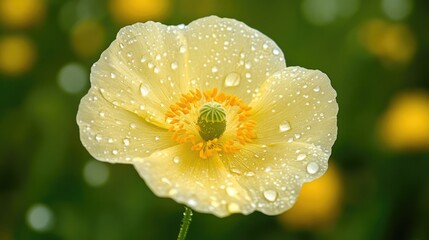 A charming image of a single flower with water droplets delicately resting on its petals, captured in a soft focus with a gentle bokeh effect in the background