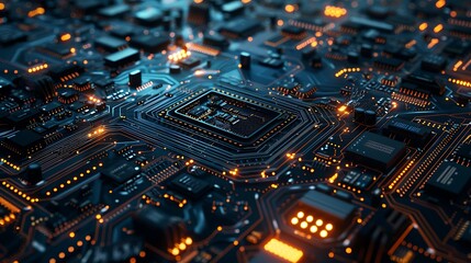 Obraz premium A detailed close-up of a circuit board with glowing components, illustrating advanced technology and electronics.