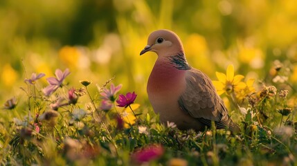 Obraz premium A charming view of a pair of doves foraging together in a grassy meadow, surrounded by colorful wildflowers, embodying a peaceful moment in nature