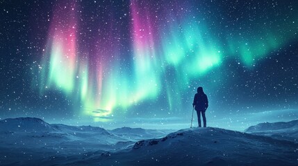 Fototapeta premium Breathtaking View of Aurora Borealis Over Snowy Landscape at Night with Silhouette of a Person Standing on a Hill Watching the Colorful Lights