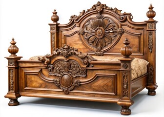 Classic Carved Wooden Bed Headboard, Antique Bedroom Furniture, Isolated Wooden Bed Frame