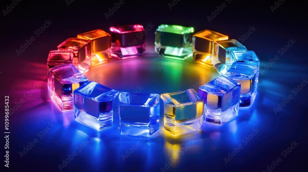 Poster a circular chart with colorful, curved segments arranged on a reflective surface, each segment shini