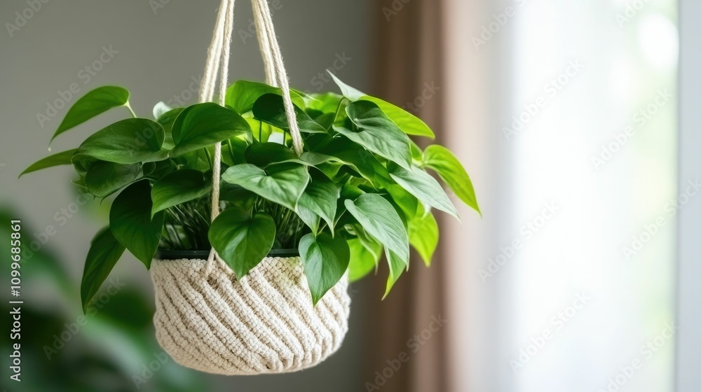 Poster pothos trailing from a macrame plant hanger adding lush greenery and boho charm to small spaces the 