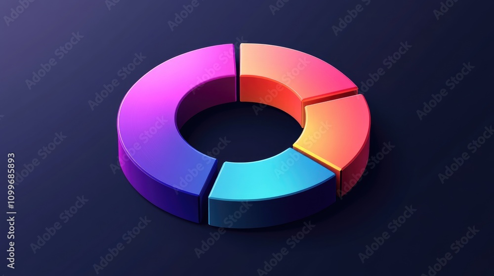 Poster a circular pie chart with glossy, vibrant segments on a dark background, each slice slightly separat