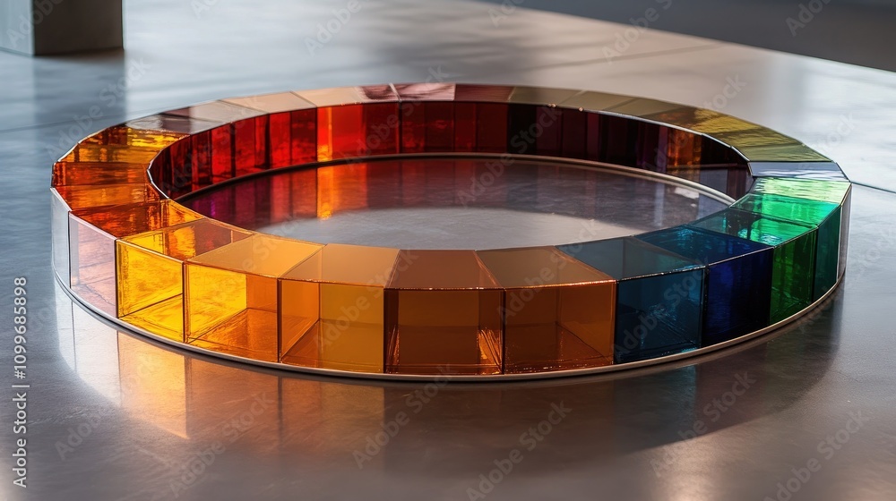 Poster a circular chart with colorful, curved segments arranged on a reflective surface, each segment shini