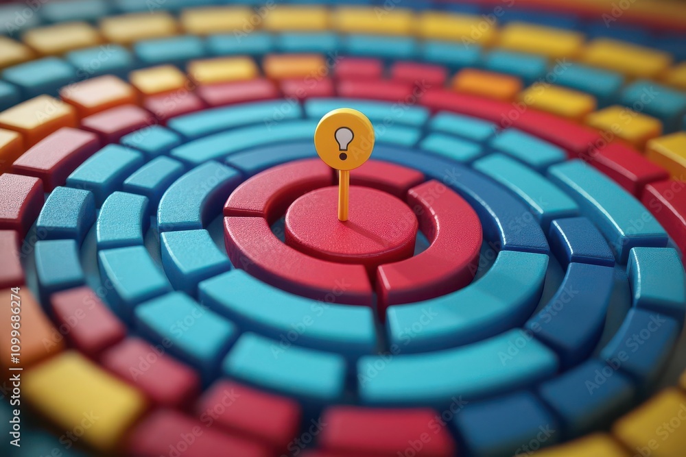 Poster a colorful, abstract pattern featuring concentric circles with a central lightbulb symbol, represent