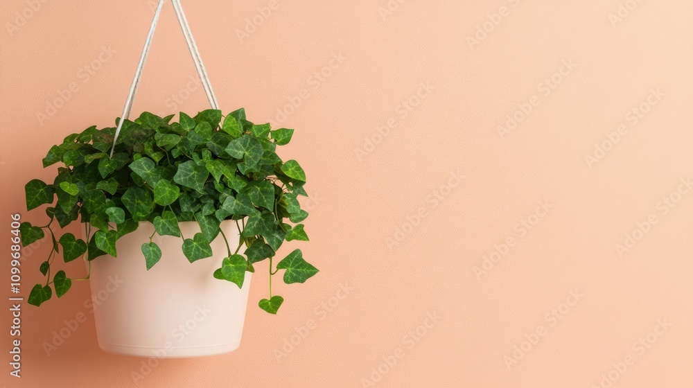 Poster lush trailing english ivy plant growing in a hanging planter creating a beautiful vertical greenery 