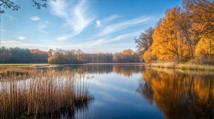 Fototapeta premium Scenic autumn landscape background with a calm lake, golden trees, and a clear blue sky reflecting on the water. Nature and seasonal concept.