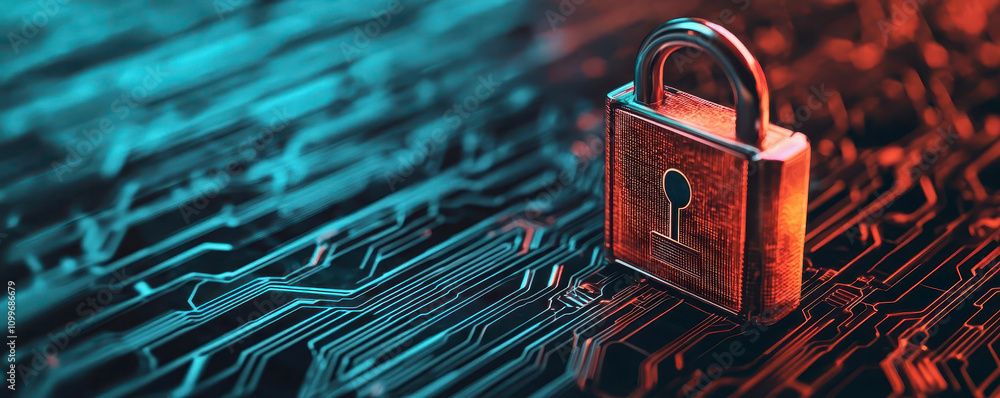 Poster privacy data with techno concept. digital lock on a circuit board background, symbolizing cybersecur