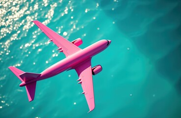 Fototapeta premium Pink airplane floats over turquoise water. Creative vacation concept. Fun travel idea. Unique, colorful design. Perfect for travel agency, tourism business, branding concept. Modern illustration.