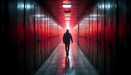 Man walking in Corridor of Fear: Alone in the Dark with Creepy Lights, Scary Horror Background