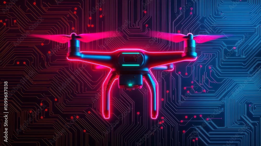 Poster privacy data with techno concept. futuristic drone with neon lights over a circuit board background.