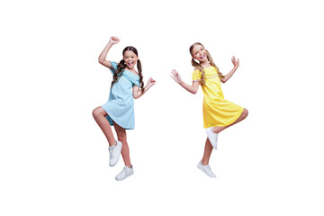 Creative poster collage of active small two children girls dresses dancing have fun concert perform friendship sisters family party disco