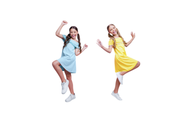 Creative poster collage of active small two children girls dresses dancing have fun concert perform friendship sisters family party disco