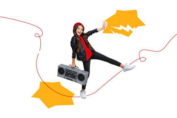 3d retro abstract creative artwork template collage of cute charming cool little girl retro tape...