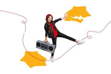 3d retro abstract creative artwork template collage of cute charming cool little girl retro tape recorder leather jacket beret party maker