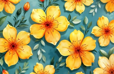 Obraz premium Yellow flowers in watercolor style create beautiful repeating pattern. Elegant floral design. Vivid colors, subtle shadows on teal background. Seamless pattern ideal for textile, wallpaper design