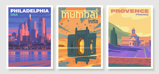 Philadelphia across the Delaware River. A view of the Gateway of India. Mumbai. View of the Sénanque Abbey in Provence.