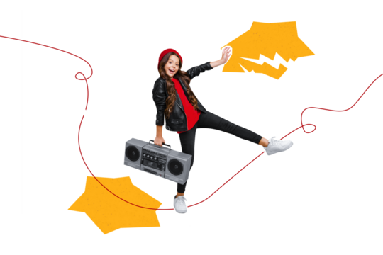 3d retro abstract creative artwork template collage of cute charming cool little girl retro tape recorder leather jacket beret party maker