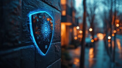 Blue digital shield with world map and glowing futuristic interface on a wall, symbolizing cybersecurity, protection, modern technology, data security, innovative solutions, tech design