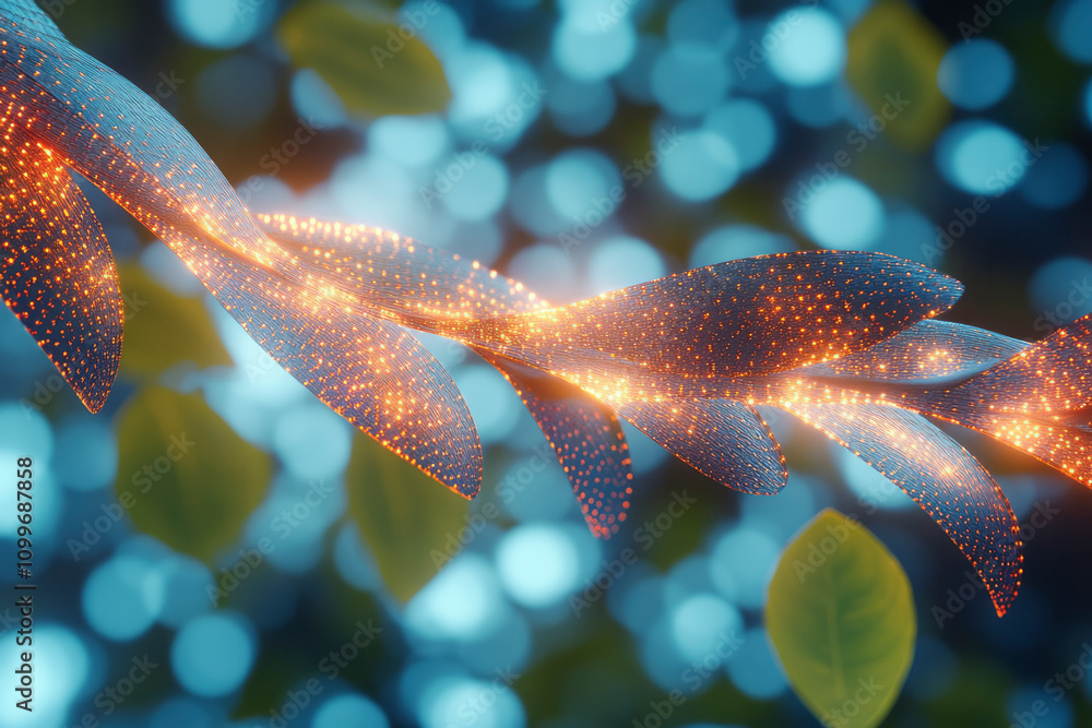 Poster a mesmerizing close-up view of a tree branch wrapped in glowing lights, spiraling along its textured