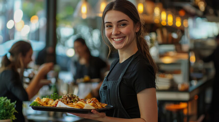 Smiling waitress serving food in a vibrant restaurant setting