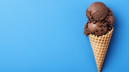 Delicious chocolate ice cream cone topped with coffee beans against a vibrant blue background.