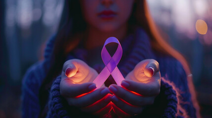 The concept of eliminating violence against women purple ribbon in hands