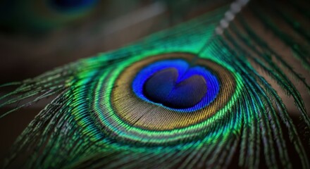 Obraz premium Iridescent peacock feather close-up with vivid colors and intricate patterns