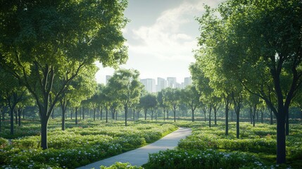 Obraz premium An advanced AI-driven urban forest with smart tree planting and real-time air quality monitoring 32k