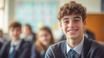 Happy teenage boy in school uniform smiling in classroom